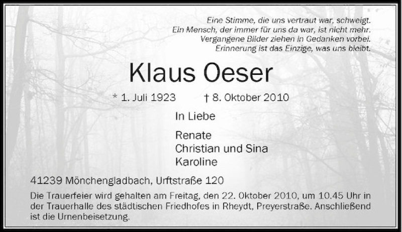  Traueranzeige für Klaus Oeser vom 16.10.2010 aus Rheinische Post
