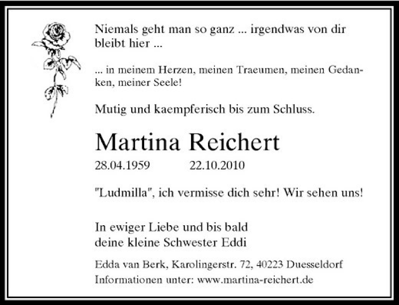  Traueranzeige für Martina Reichert vom 30.10.2010 aus Rheinische Post