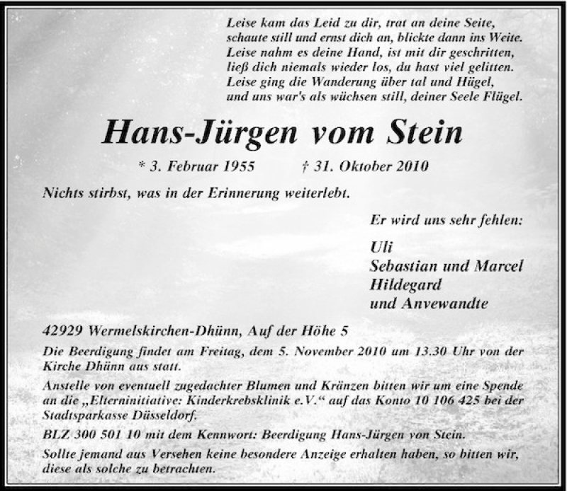  Traueranzeige für Hans-Jürgen vom Stein vom 03.11.2010 aus Rheinische Post