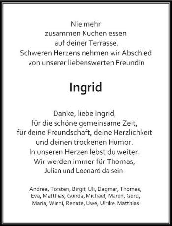 Traueranzeige von Ingrid  von Rheinische Post