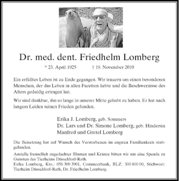 Traueranzeige von med. dent. Friedhelm Lomberg Dr. von Rheinische Post