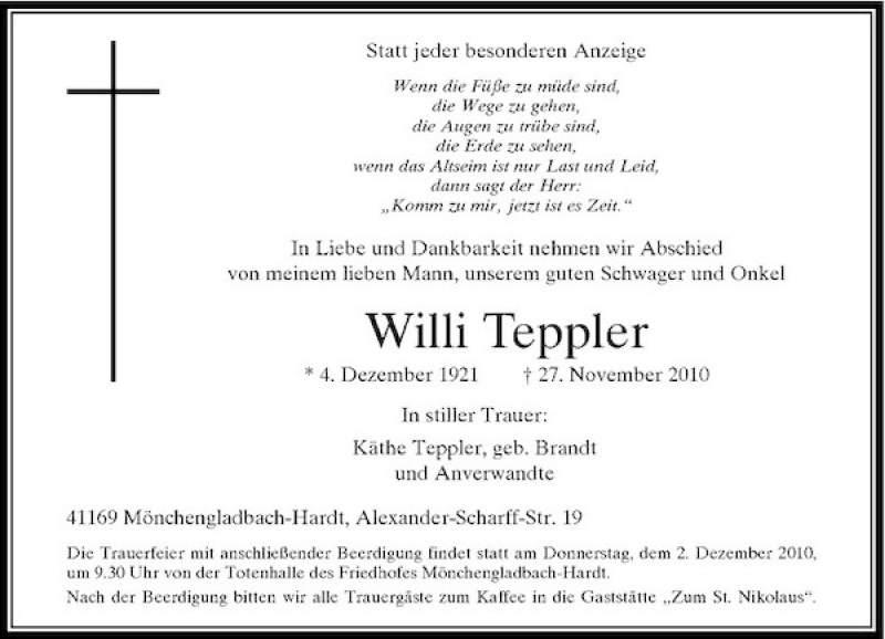  Traueranzeige für Willi Teppler vom 29.11.2010 aus Rheinische Post