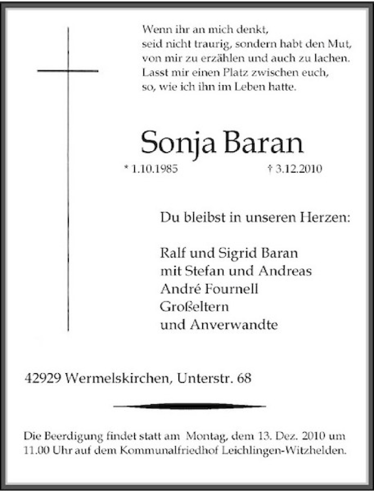  Traueranzeige für Sonja Baran vom 08.12.2010 aus Rheinische Post