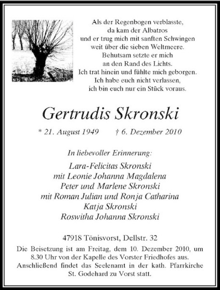  Traueranzeige für Gertrudis Skronski vom 08.12.2010 aus Rheinische Post