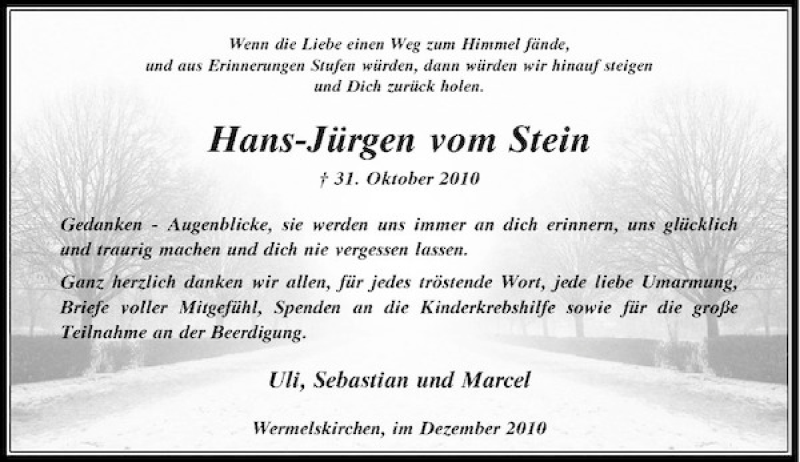  Traueranzeige für Hans-Jürgen vom Stein vom 11.12.2010 aus Rheinische Post