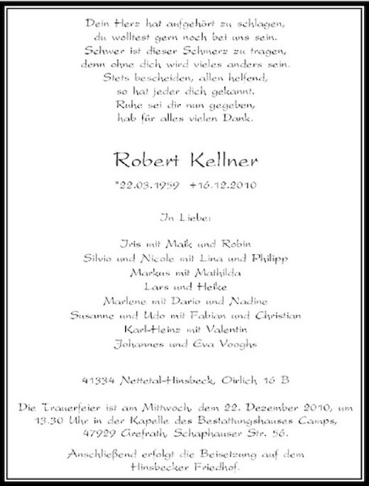  Traueranzeige für Robert Kellner vom 21.12.2010 aus Rheinische Post