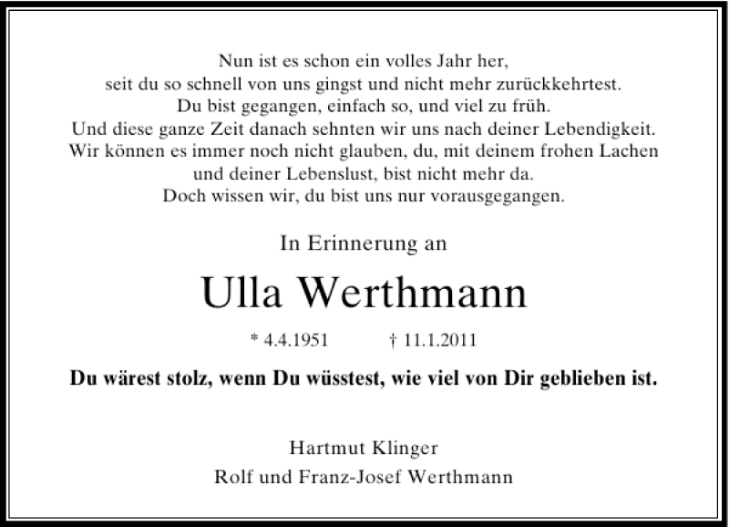  Traueranzeige für Ulla Werthmann vom 17.01.2011 aus Rheinische Post