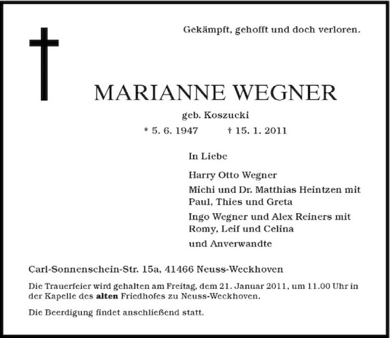 Traueranzeige für Marianne Wegner vom 19.01.2011 aus Rheinische Post