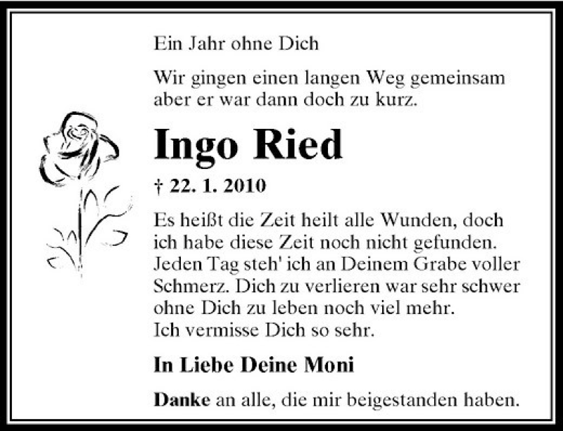  Traueranzeige für Ingo Ried vom 22.01.2011 aus Rheinische Post
