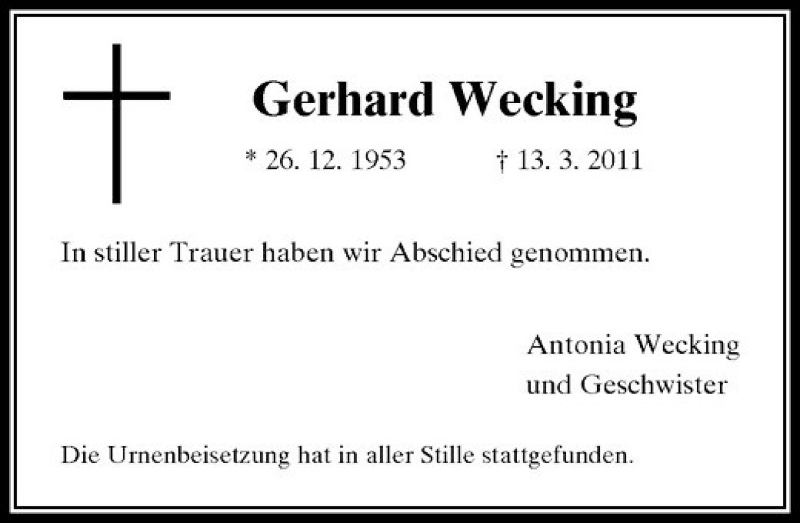  Traueranzeige für Wecking Gerhard vom 29.03.2011 aus Rheinische Post