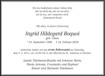 Traueranzeige von Ingrid Hildegard Boquoi von Rheinische Post