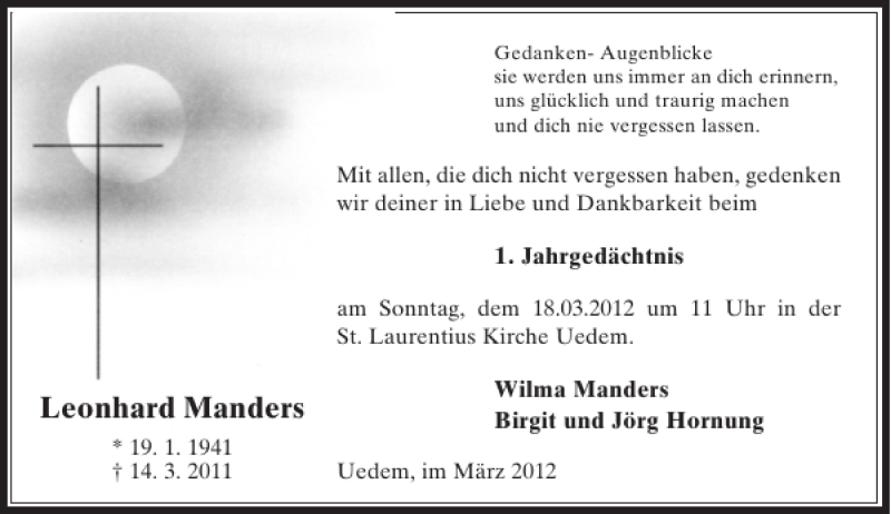  Traueranzeige für Manders Leonhard vom 16.03.2011 aus Rheinische Post