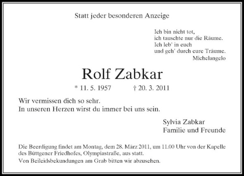 Traueranzeige für Zabkar Rolf vom 25.03.2011 aus Rheinische Post