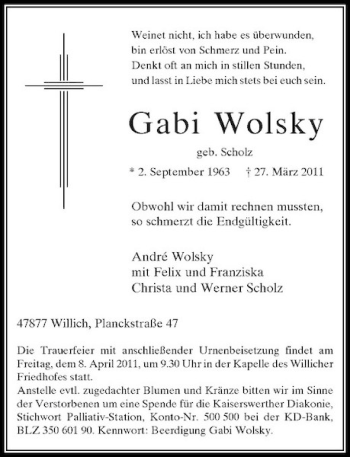 Traueranzeige von Gaby Wolsky von Rheinische Post