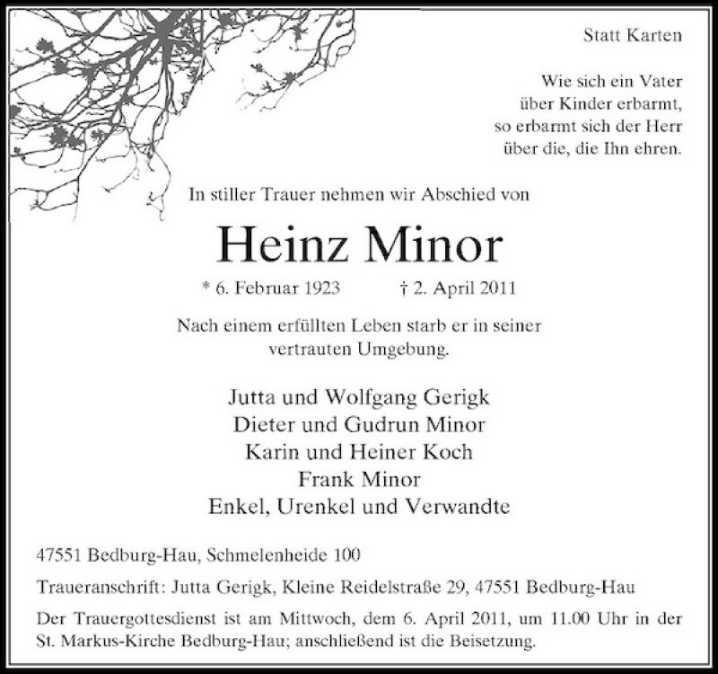  Traueranzeige für Heinz Minor vom 05.04.2011 aus Rheinische Post