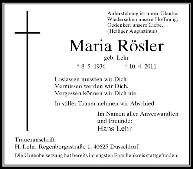 Alle Traueranzeigen für Maria Rösler | trauer.rp-online.de