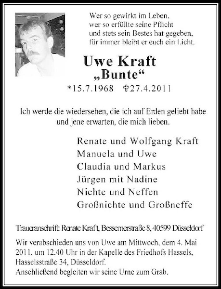  Traueranzeige für Uwe Kraft 'Bunte' vom 30.04.2011 aus Rheinische Post