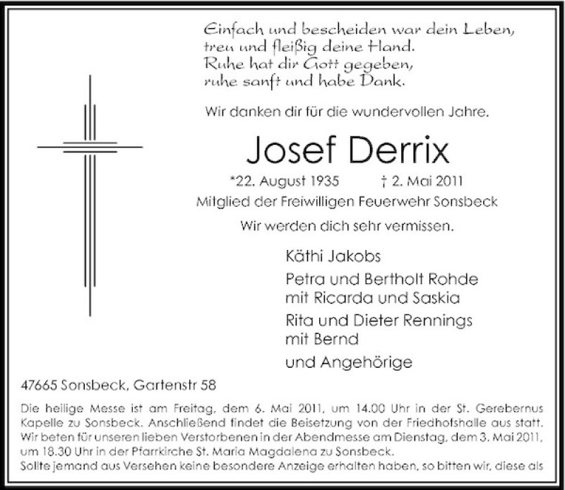  Traueranzeige für Josef Derrix vom 03.05.2011 aus Rheinische Post