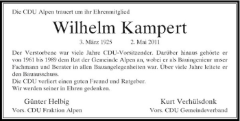 Traueranzeige von Wilhelm Kampert von Rheinische Post
