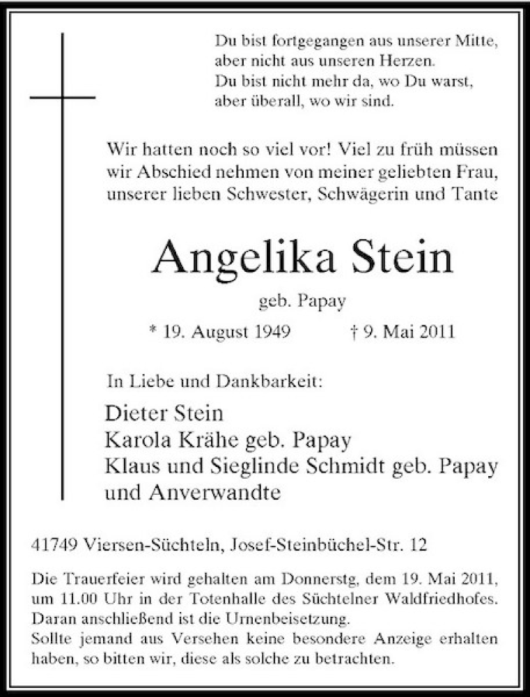  Traueranzeige für Angelika Stein vom 14.05.2011 aus Rheinische Post
