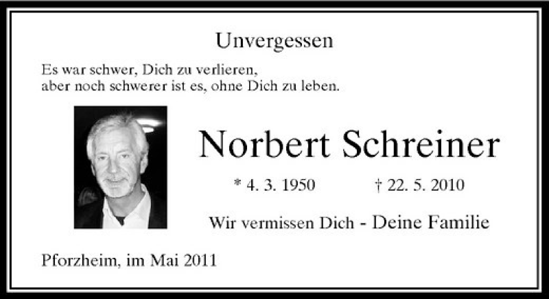  Traueranzeige für Norbert Schreiner vom 21.05.2011 aus Rheinische Post