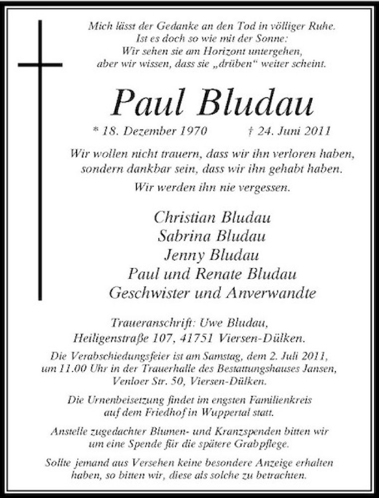  Traueranzeige für Paul Bludau vom 28.06.2011 aus Rheinische Post