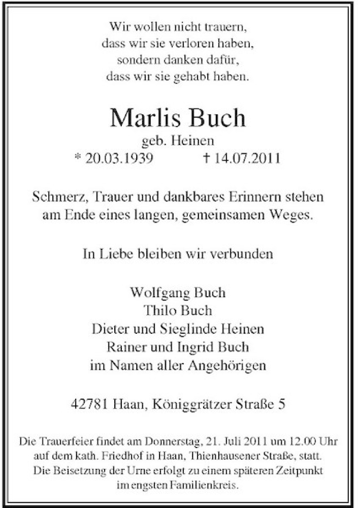 Traueranzeige für Buch Marlis vom 18.07.2011 aus Rheinische Post
