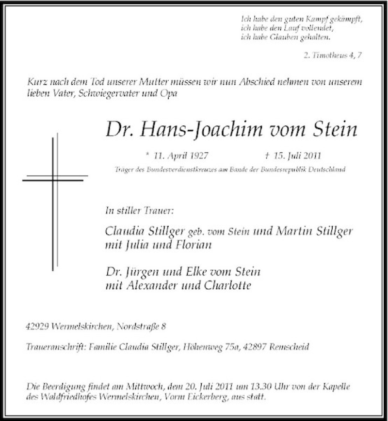  Traueranzeige für Hans-Joachim vom Stein vom 19.07.2011 aus Rheinische Post
