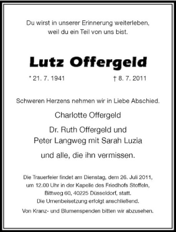 Traueranzeige von Lutz Offergeld von Rheinische Post