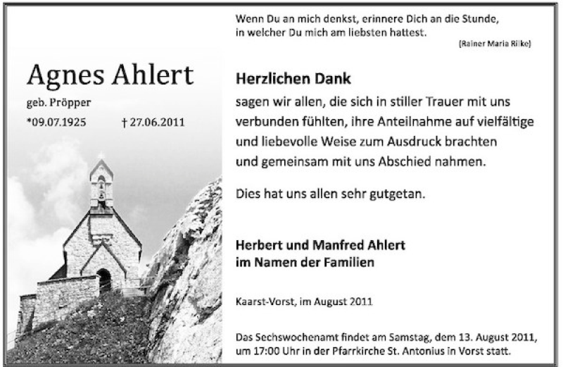  Traueranzeige für Agnes Ahlert vom 06.08.2011 aus Rheinische Post