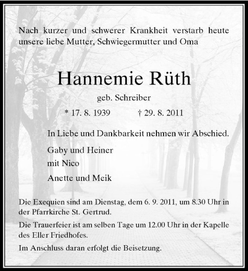  Traueranzeige für Rüth Hannemie vom 03.09.2011 aus Rheinische Post