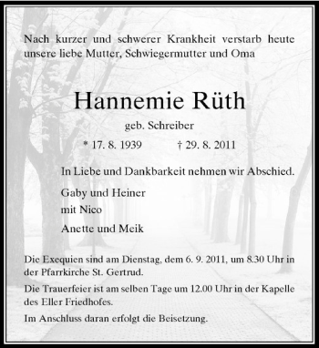 Traueranzeige von Rüth Hannemie von Rheinische Post