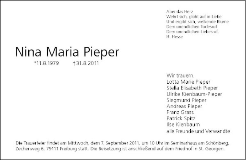  Traueranzeige für Nina Pieper vom 03.09.2011 aus Rheinische Post