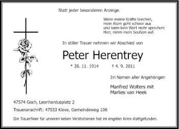 Traueranzeige von Peter Herentrey von Rheinische Post