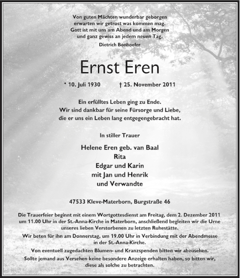  Traueranzeige für Ernst Eren vom 28.11.2011 aus Rheinische Post