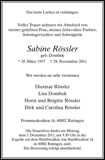 Traueranzeige von Sabine Rössler von Rheinische Post