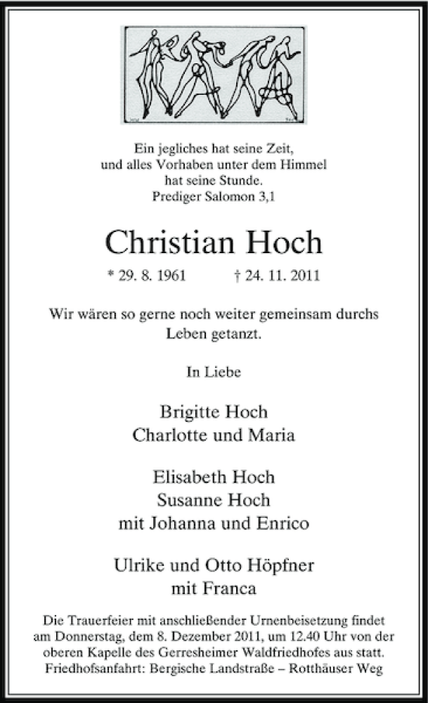  Traueranzeige für Christian Hoch vom 03.12.2011 aus Rheinische Post