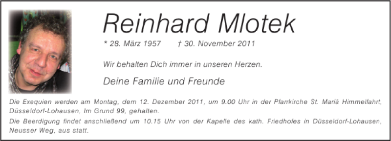  Traueranzeige für Reinhard Mlotek vom 10.12.2011 aus Rheinische Post