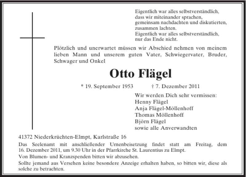  Traueranzeige für Otto Flägel vom 14.12.2011 aus Rheinische Post