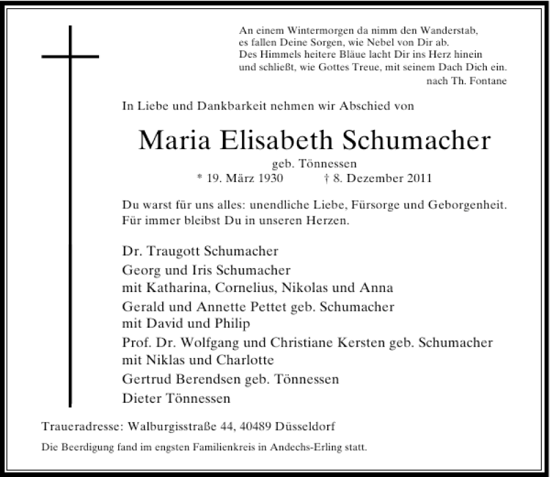 Alle Traueranzeigen für Maria Elisabeth Schumacher