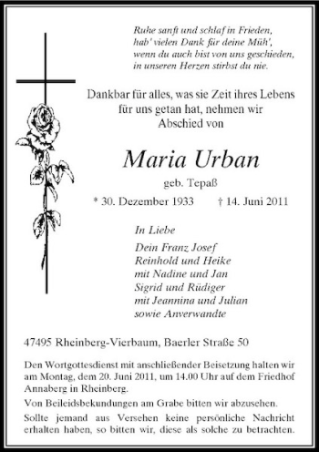 Traueranzeige von Maria Urban von Rheinische Post