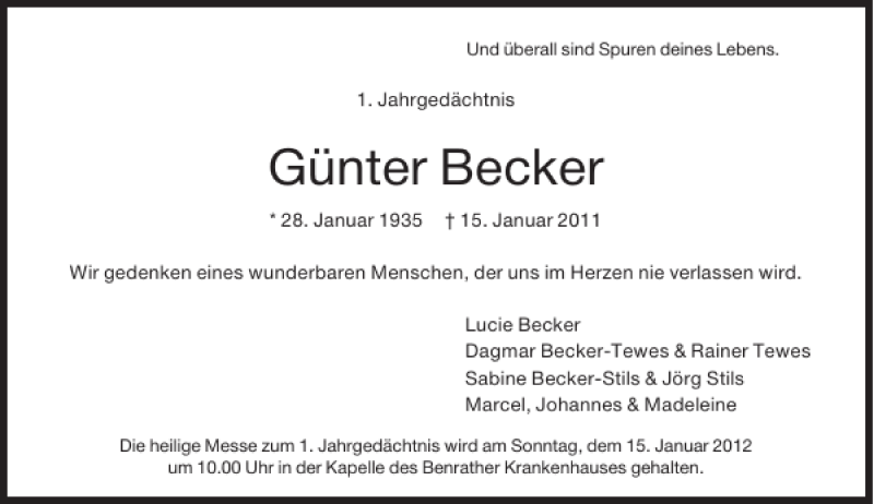  Traueranzeige für Günter Becker vom 14.01.2012 aus Rheinische Post