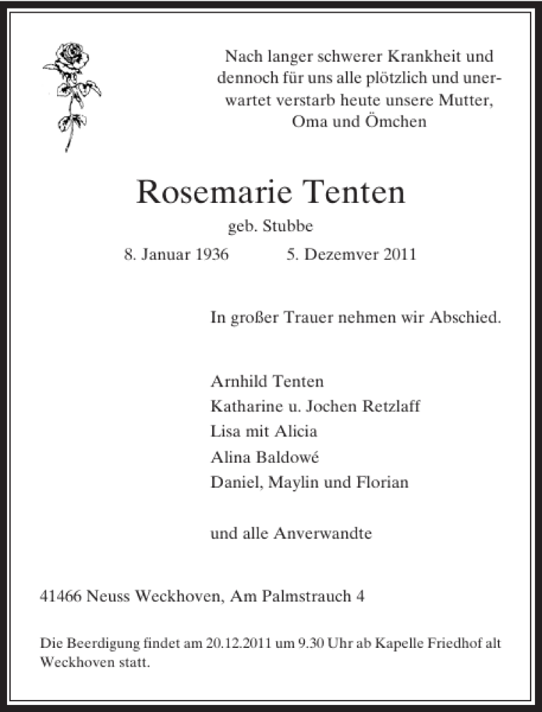  Traueranzeige für Rosemarie Tenten vom 17.12.2011 aus Rheinische Post