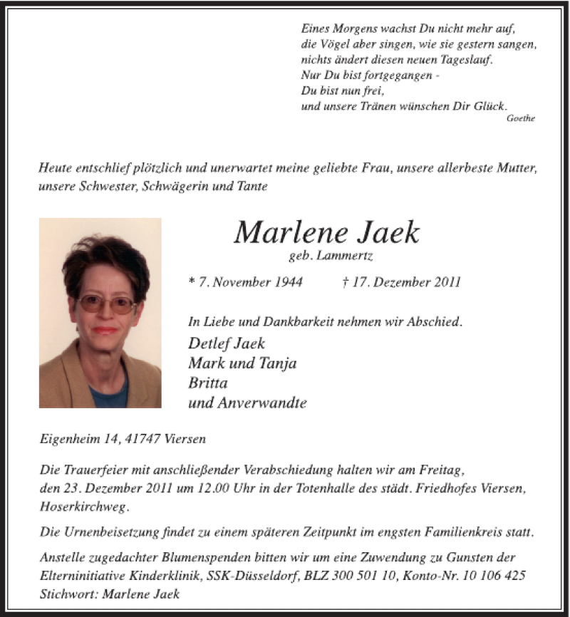  Traueranzeige für Marlene Jaek vom 20.12.2011 aus Rheinische Post
