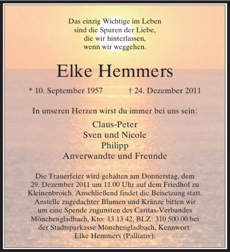  Traueranzeige für Elke Hemmers vom 28.12.2011 aus Rheinische Post