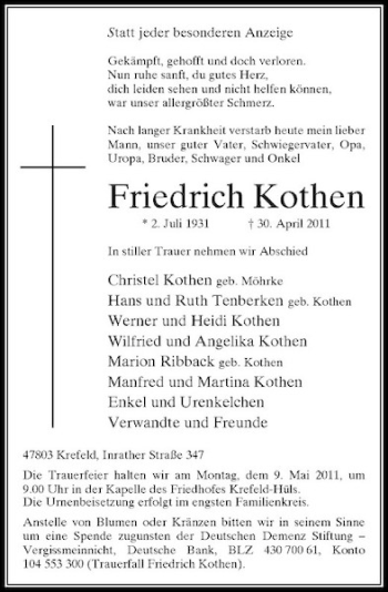 Traueranzeige von Friedrich Kothen von Rheinische Post