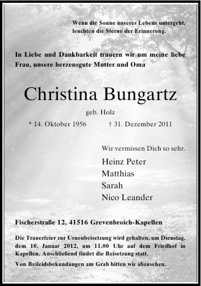  Traueranzeige für Christina Bungartz vom 05.01.2012 aus Rheinische Post