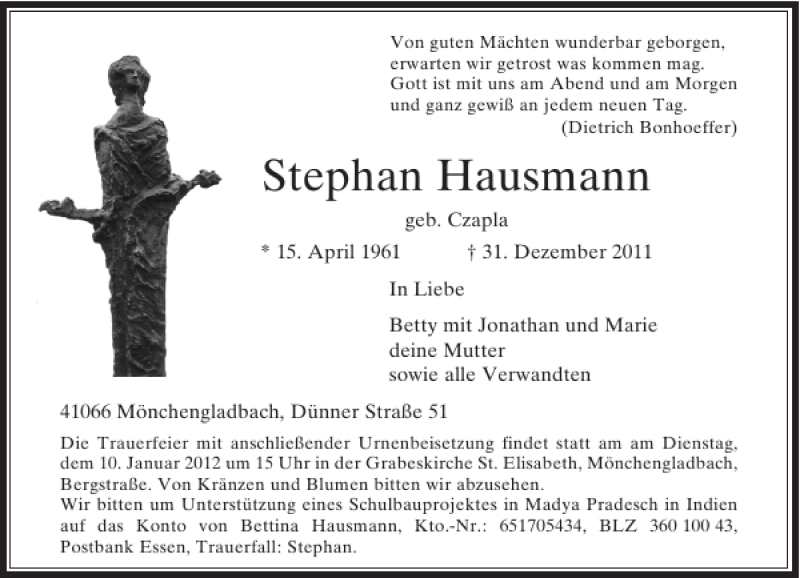  Traueranzeige für Stephan Hausmann geb. Czapla vom 07.01.2012 aus Rheinische Post