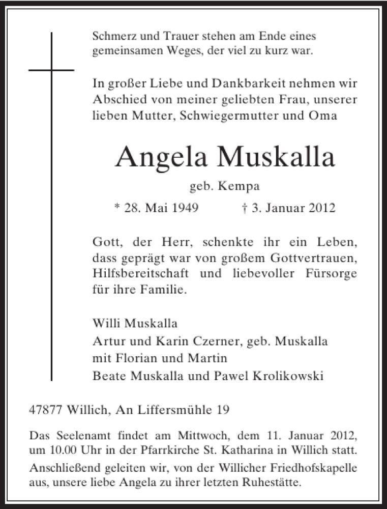  Traueranzeige für Angela Muskalla vom 09.01.2012 aus Rheinische Post
