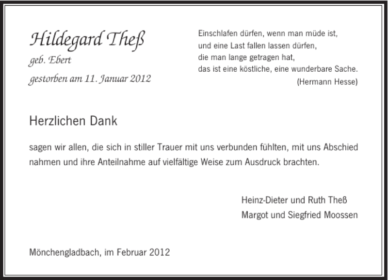  Traueranzeige für Hildegard Theß vom 14.01.2012 aus Rheinische Post